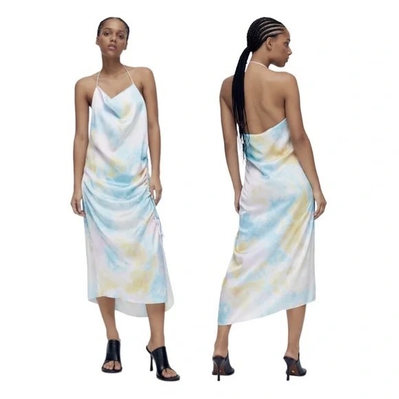 ZARA Tie Dye Satin Slip Midi Dress - Picture 1 of 14